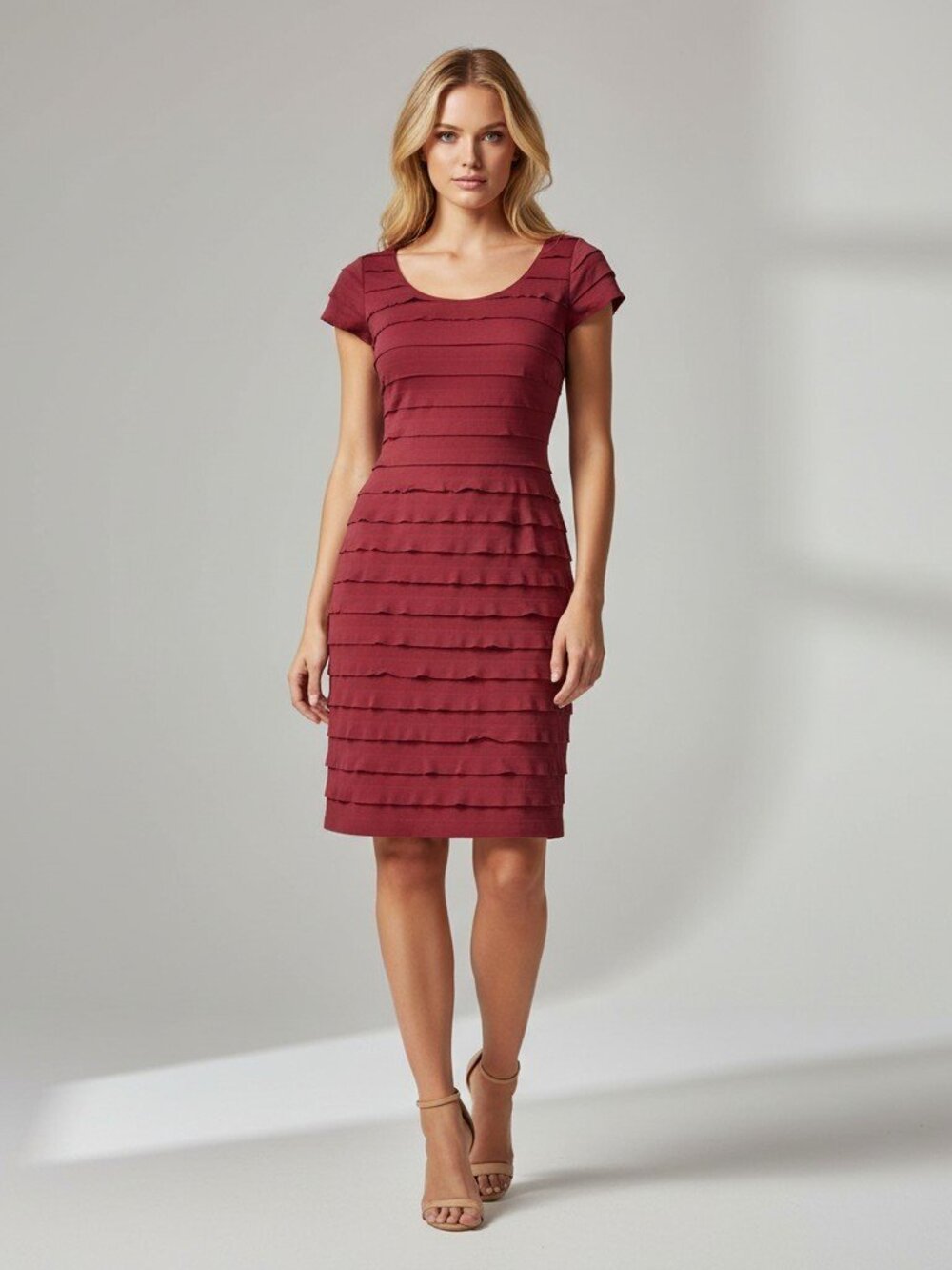 Max Studio Tiered Dress Women’s Small Red Stretch Knit Lined Short Sleeve